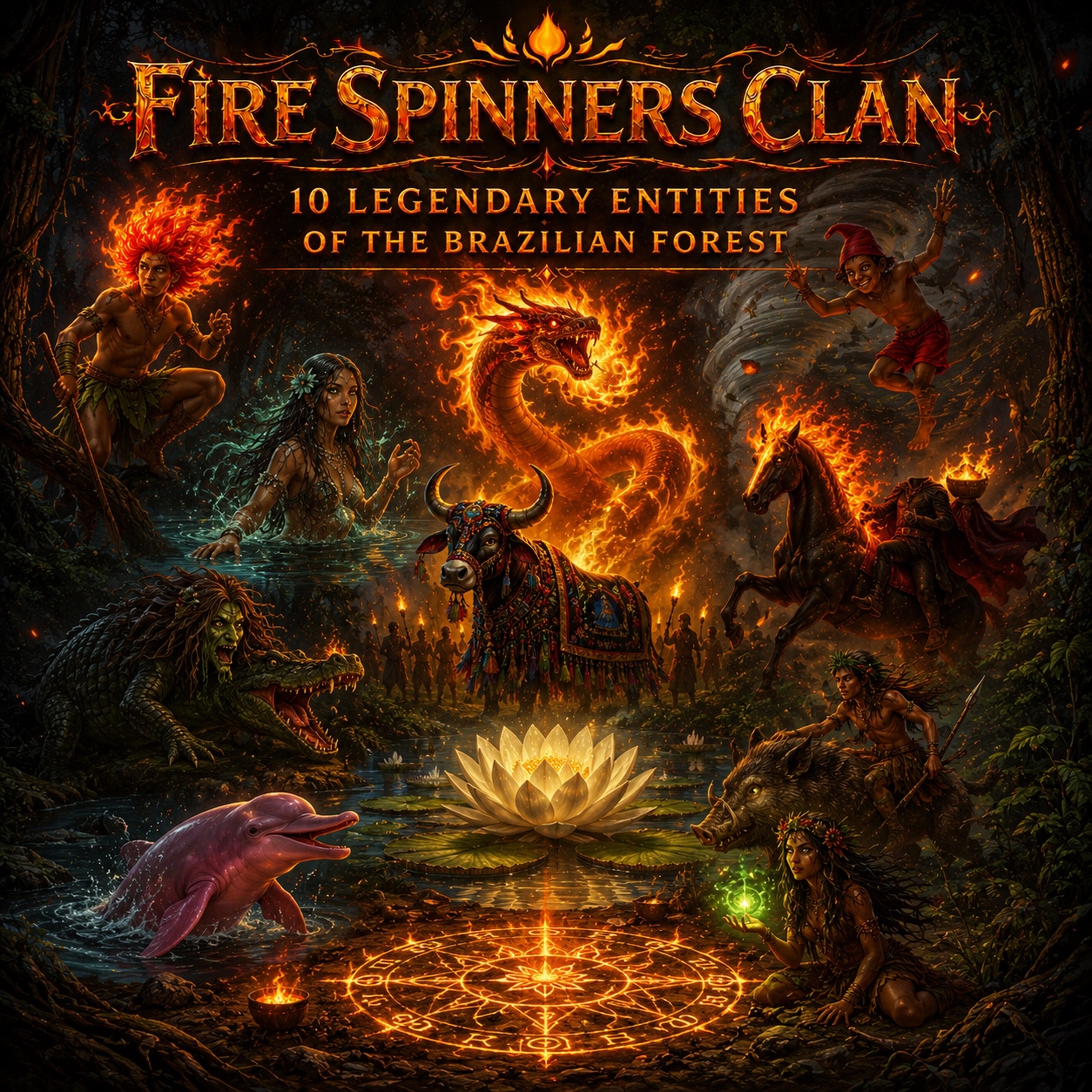 Fire Spinners Clan cover showing Brazilian folklore creatures gathered in a firelit forest